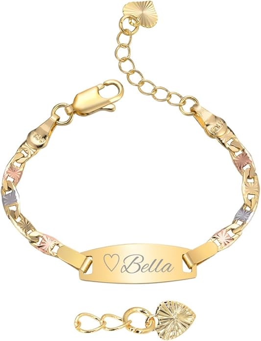 Personalized Baby ID Bracelet - 18K Gold Plated Tri-Color Chain Custom Name ID Plate Bar Bracelet for Children Toddler from Mom,Engraved Kid Name Customized Birthday,Back To School Gift for Daughter