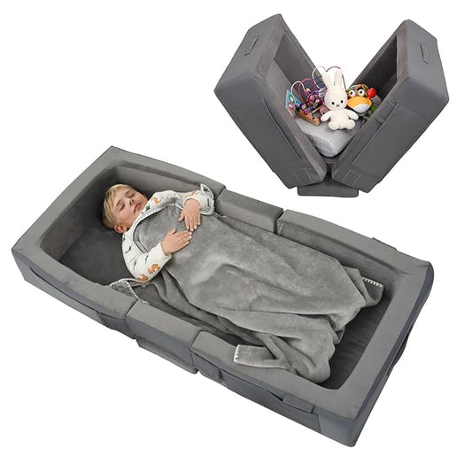 ENITYA Toddler Travel Bed, Folding Floor Cot for Travel, Portable Kids Bed for Sleeping, Washable Toddler Cot for Children 18M – 4yr Old, Grey
