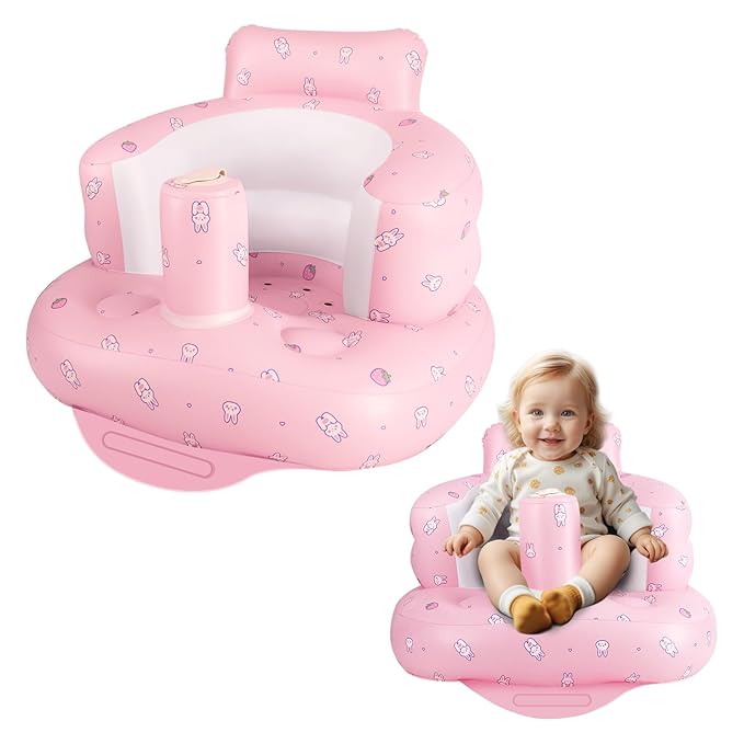 Inflatable Baby Chair, Inflatable Baby Seat for Babies 3 Months and Up, Summer Blow Up Chair with Built in Air Pump, Infant Floor Seats for Learning to Sit, Palying, Camping, Strawberry
