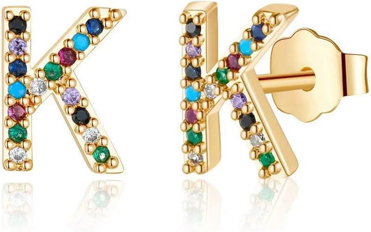 Memorjew Initial Stud Earrings for Women, Hypoallergenic 925 Sterling Silver Post Rainbow Cubic Zirconia Gold Plated 26 Initial Earrings for Women Jewelry Gifts