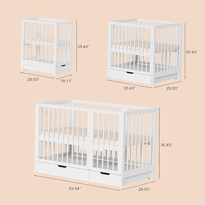 JOYMOR 8 in 1 Convertible Crib with Changer, Include 2” Mattress, Converts to Bassinet, Mid Crib, Full Size Crib, Daybed,Toddler Bed and Playard (Crib with Drawer, White)