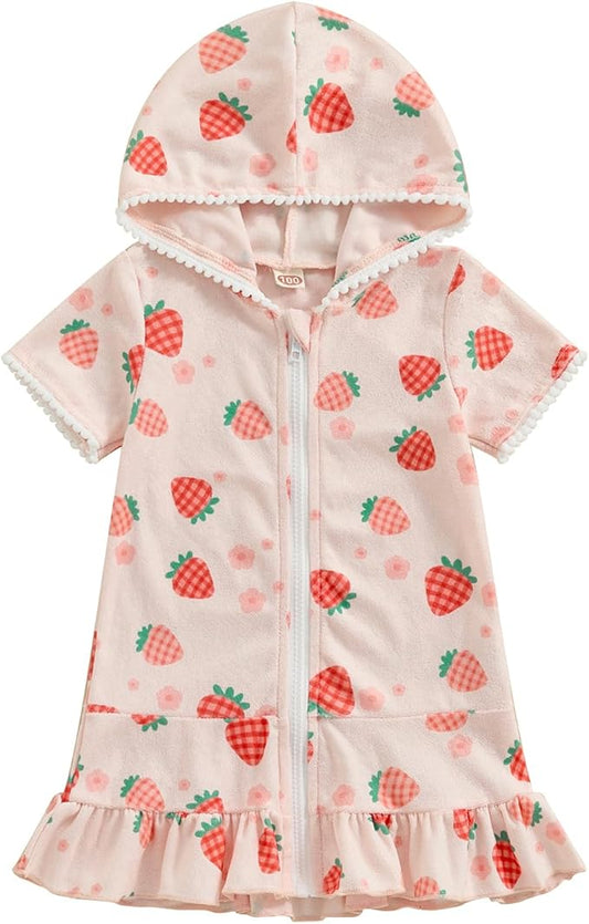 Girls Hooded Zip Terry Coverups Swimsuit Kids Baby Girl Floral Print Short Sleeve Swim Cover-Up Swimwear
