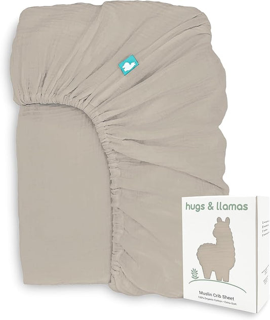 Hugs & Llamas | 100% Organic Cotton Muslin Fitted Sheet | Baby Crib Sheets for Boys & Girls - Neutral (Toasted Almond)