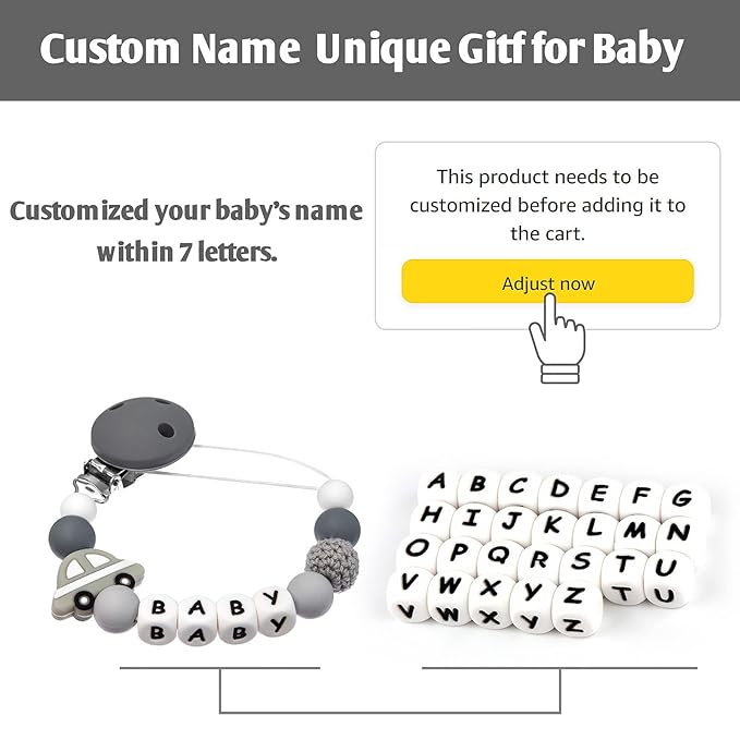 Personalized Pacifier Clip with Name for Baby, Customized Pacifier Clip Fits All Pacifiers, Baby Birthday Christmas Gift for Boys and Girls, Car (Grey)