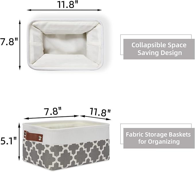HNZIGE Small Baskets Fabric Storage Baskets(6 Pack) Storage Bins with Leather Handles Empty Gift Basket Decorative Storage Baskets for Shelves, Baby Clothes Toys(Pattern&White,11.8" x 7.8" x 5.1")
