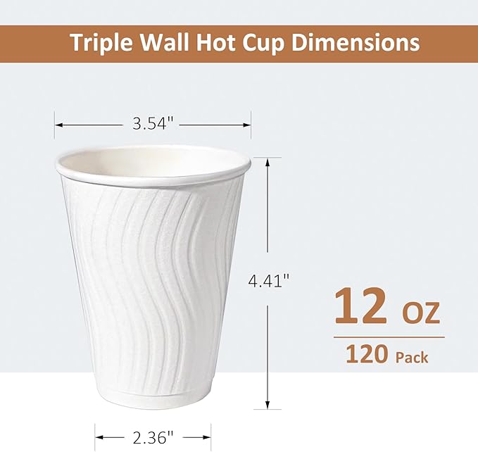 12 oz Coffee Cups 120 Pack, Disposable Coffee Cups 12 oz Paper Cups - Insulated Paper Coffee Cups Fancy Hot Cup for Hot/Cold Drinks, Wedding/Baby Shower/Office, White