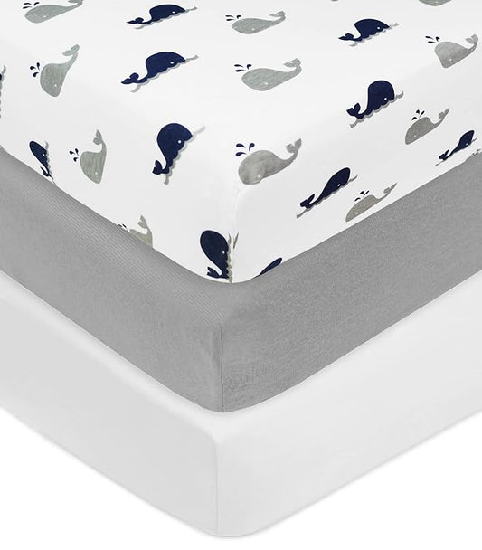 American Baby Company 3 Pack 100% Natural Cotton Fitted Crib Sheets 52" x 28" - Soft, Breathable, Hypoallergenic & Gentle Toddler Bed Sheets, Navy Whale/Gray/White, Neutral for Boys & Girls