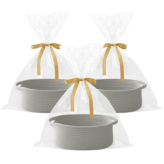 3 Pack Gift Basket with Gift Bag and Ribbons,Small Rope Woven Shelf Storage,Baskets for Gifts Empty,Birthday,Shower,Decorative Organizer Box for Cat Dog Pet with Handles(Grey)