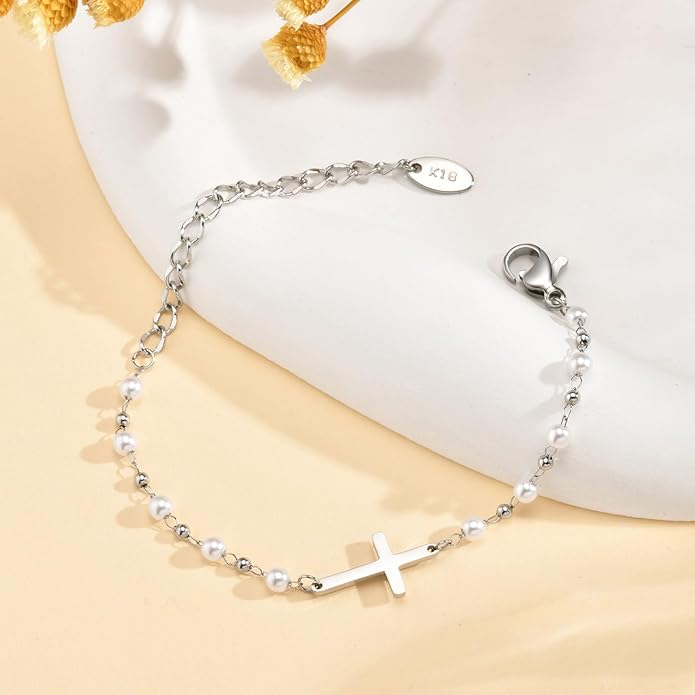 Baby Baptism Cross Bracelet Gift : 18k Gold Plated/Silver Delicate Pearl Cross Bracelets Kids Daughter Granddaughter Birthday First Communion Confirmation Gifts Christian Jewelry for Boys Girls