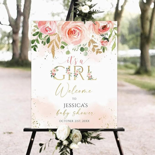 Welcome Sign Baby Shower, Welcome Sign, Girl Baby Shower, Floral Baby Shower Welcome Sign, Blush Pink and Gold Welcome Sign, Yard Sign Oudoor Party, LJGL25