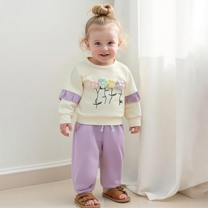 Madjtlqy Toddler Baby Girl Fall Winter Outfit Clothes Flowers Crochet Embroidery Long Sleeve Sweatshirt Tops and Pants Set