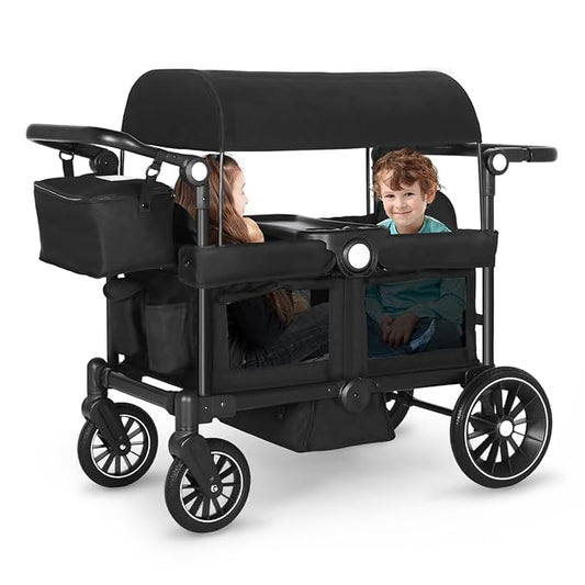 Kinder King Folding Wagon Stroller for 2 Kids, All-Terrain Baby Stroller Wagon Outdoor, Removable Canopy 2 Seater, Adjustable Handle, Shock-Absorbing Wheel, Detachable Tray, Parent Organizer, Black
