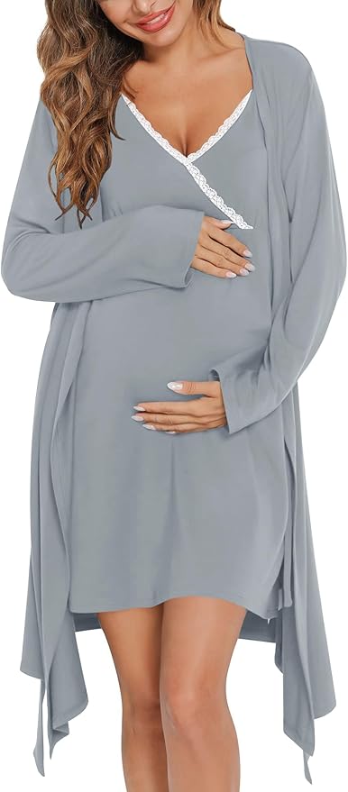 SWOMOG Womens Maternity Robe 2 Piece Nursing Nightgown for Breastfeeding 3 in 1 Labor Delivery Nursing Dress Lace Bathrobe