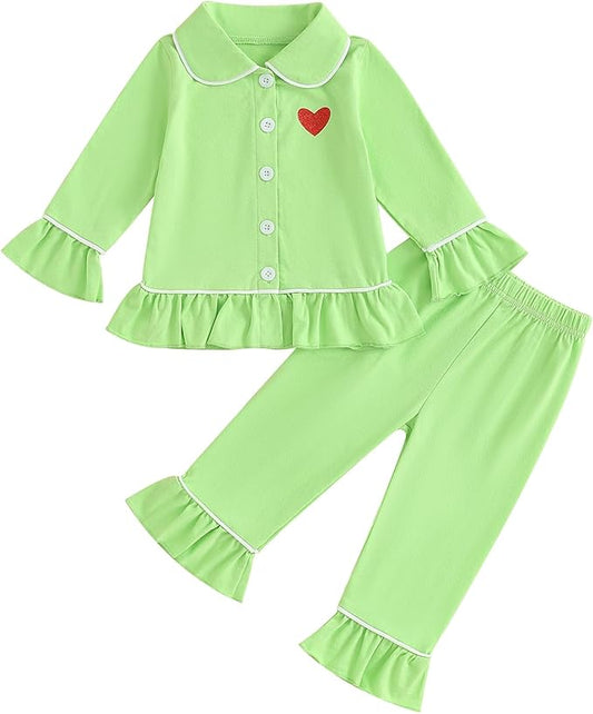 Toddler Kids Baby Girl Solid Pjs Ruffle Long Sleeve Button Shirt Top and Pants Cotton 2Piece Pajamas Set