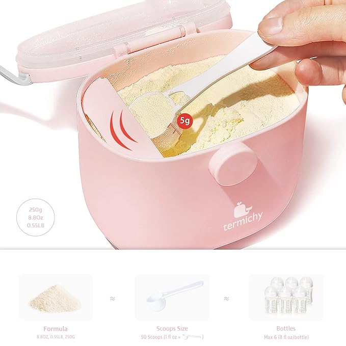 Termichy Baby Formula Dispenser, Portable Milk Powder Dispenser Container with Carry Handle and Scoop for Travel Outdoor Activities with Baby Infant, 8.8OZ, 0.55LB, 250g, 500ml (Pink)