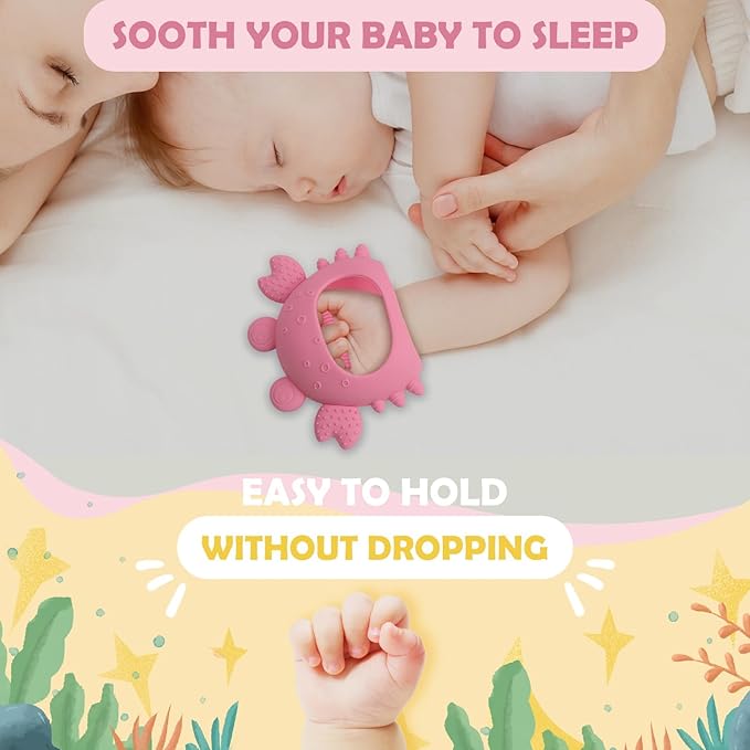 Anboor 2 Pack Baby Teething Toys, Silicone Teethers for Babies 0-6 Months Anti Dropping Hand Teether, Infant Baby Chew Toys for Teething Relief for Newborn Soon-to-be Mothers (Pink,Crab)