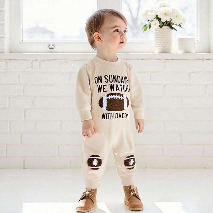 Lamuusaa Newborn Baby Girl Boy Football Outfit On Sundays We Watch Football Romper Long Sleeve Jumpsuit Fall Clothes 0-18M