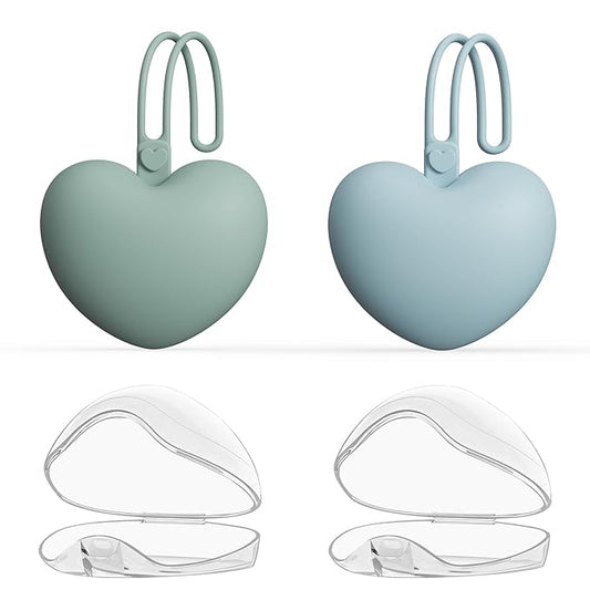 4pcs Pacifier Holder Case Set, 2pcs Silicone Portable Pacifier Pouch and 2pcs Transparent Pacifier Storage Container, Cute Heart Shape Pacifier Storage Case for Newborn Baby（Green+Blue）