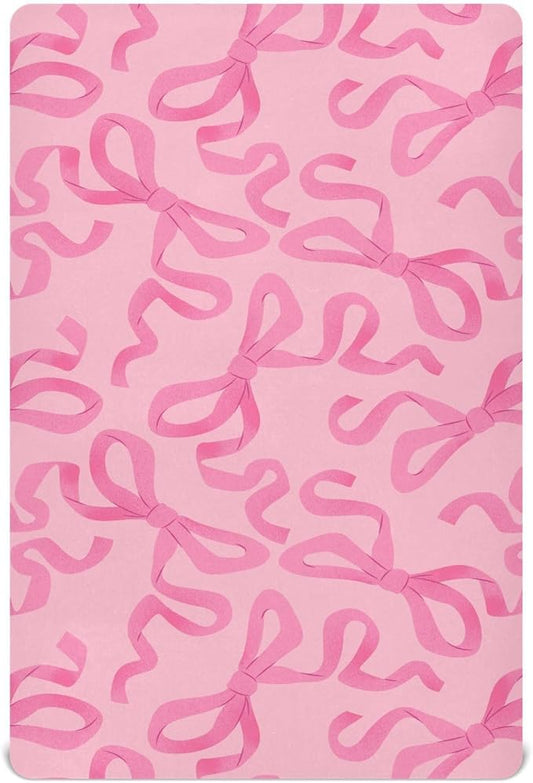 Baby Crib Sheets Pink Bow on Light Crib Sheets for Boys Girls,Neutral Bassinet Toddler Bed Play Sheets Breathable Soft and Portable 52 * 28 * 9in