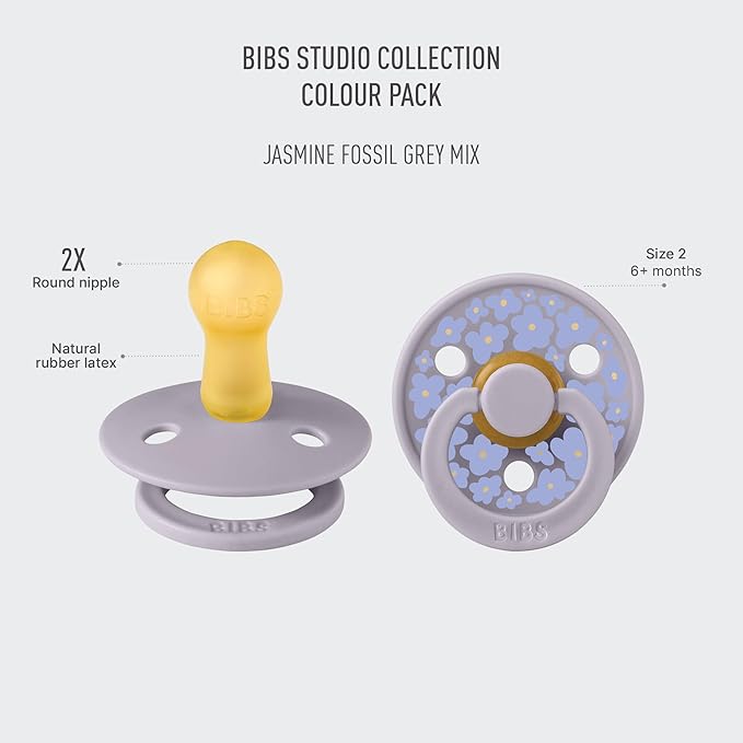 BIBS Pacifiers - Colour Studio 2 Pack | Round Nipple Baby Pacifier | BPA Free Natural Rubber Latex Soother | Made in Denmark | Size 6+ Months | Jasmine Fossil Grey