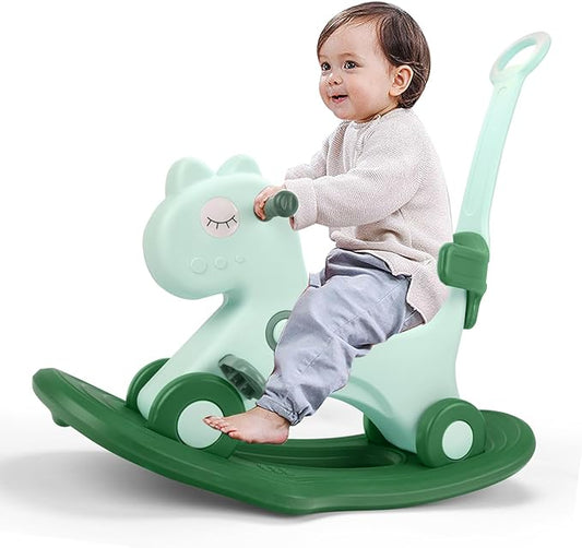 4 in 1 Rocking Horse for Toddlers 1-3 Years Old, Baby Rocking Toy Fun Birthday Gift for 1+ Kids, Ride on Toy with Detachable Balance Board and Footrest，Balance Bike with Push Handle