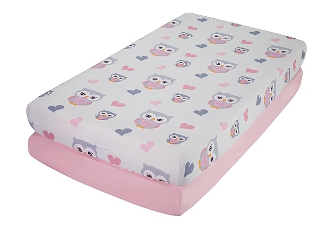 Everyday Kids 2 Pack Fitted Girls Crib Sheet, 100% Soft Breathable Microfiber Baby Sheet, Fits Standard Size Crib Mattress 28in x 52in, Nursery Sheet - Sweet Owls/Pink