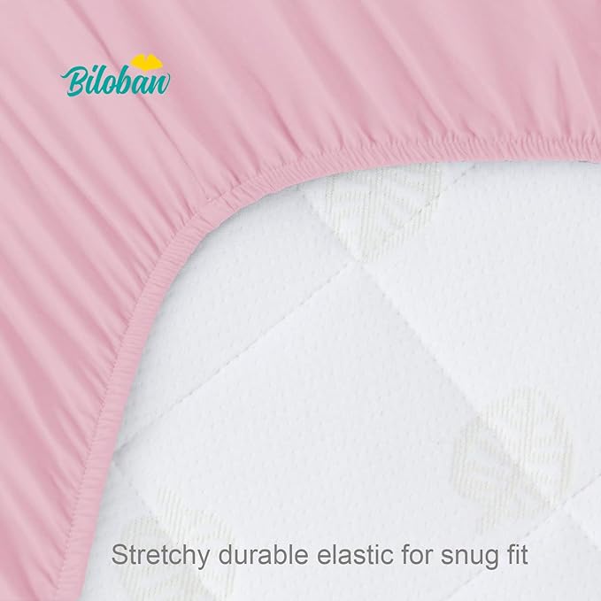 Biloban Pack and Play Sheets Fitted, 2 Pack Pack and Play Sheet Fits for Graco Pack n Play Mattress, Neutral Playard Sheets for Baby Boys and Girl, White & Pink, 38”X 26”