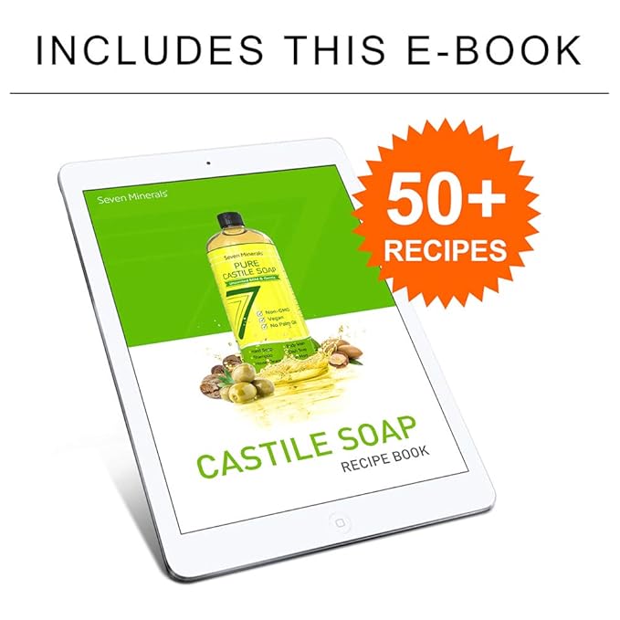 Seven Minerals EWG Verified Castile Soap - 1 Gallon, No Palm Oil, Unscented Mild & Gentle Skin Cleaning, For Sensitive Skin, Baby Wash, Soothing, Non GMO & Vegan Formula with Organic Carrier Oils