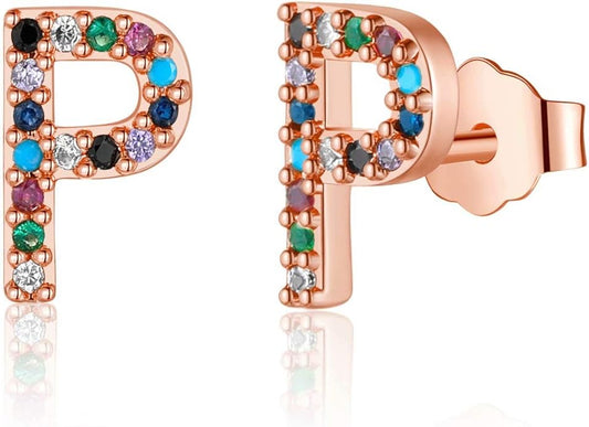 Memorjew Initial Stud Earrings for Women, Hypoallergenic 925 Sterling Silver Post Rainbow Cubic Zirconia Gold Plated 26 Initial Earrings for Women Jewelry Gifts