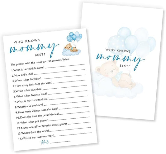 Who Knows Mommy Best Baby Shower Game, 25 Double-Sided Blue Bear Games for Boys, Interactive Baby Boy Party Supplies, Baby Boy Celebrations - B01