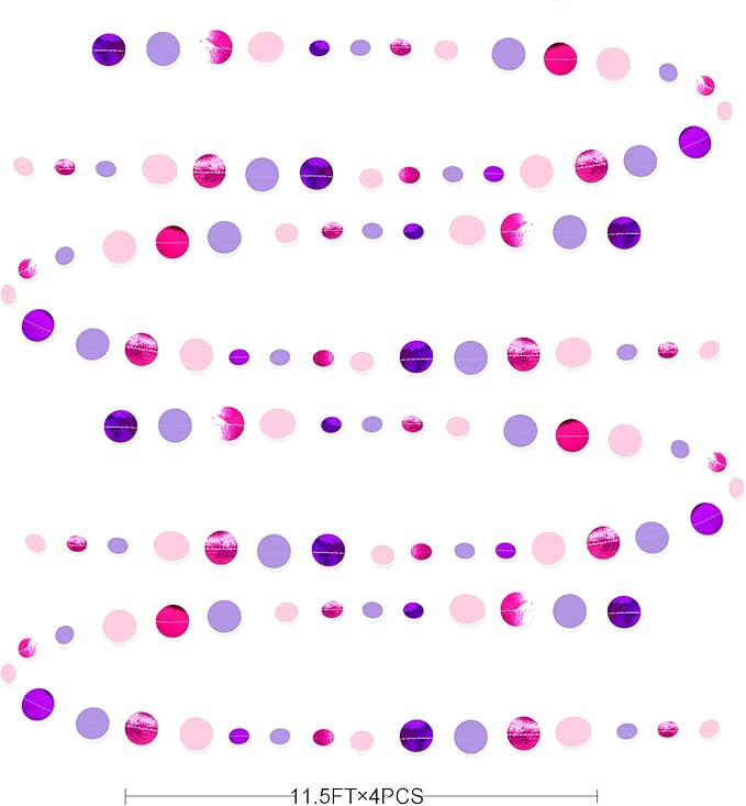 Pink and Purple Party Decorations Circle Dots Garland Hot Pink Lavender Hanging Polka Dot Streamer for Girls Birthday Baby Shower Bridal Shower Wedding Bachelorette Anniversary Party Supplies