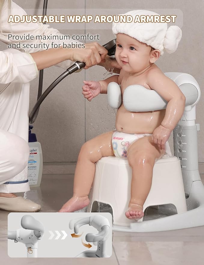 Baby Shower Stand, Baby Bath Support, Shower Standing Support with Adjustable Height and Armrest, Bath Stand with Anti-Skip and Shower Head Holder, Bath Essentials for Infants