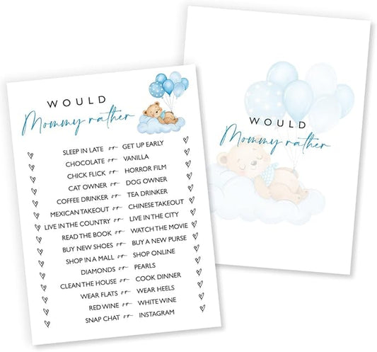 Would Mommy Rather Baby Shower Game, 25 Double-Sided Blue Bear Games for Boys, Interactive Baby Boy Party Supplies, Baby Boy Celebrations - B03