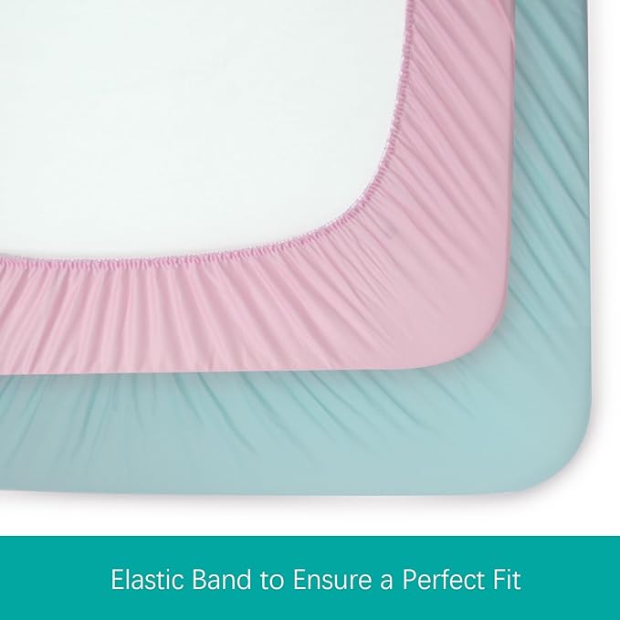 Biloban Pack and Play Sheets Fitted, 2 Pack Pack and Play Sheet Fits for Graco Pack n Play Mattress, Neutral Playard Sheets for Baby Boys and Girl, Pink & Aqua, 38”X 26”