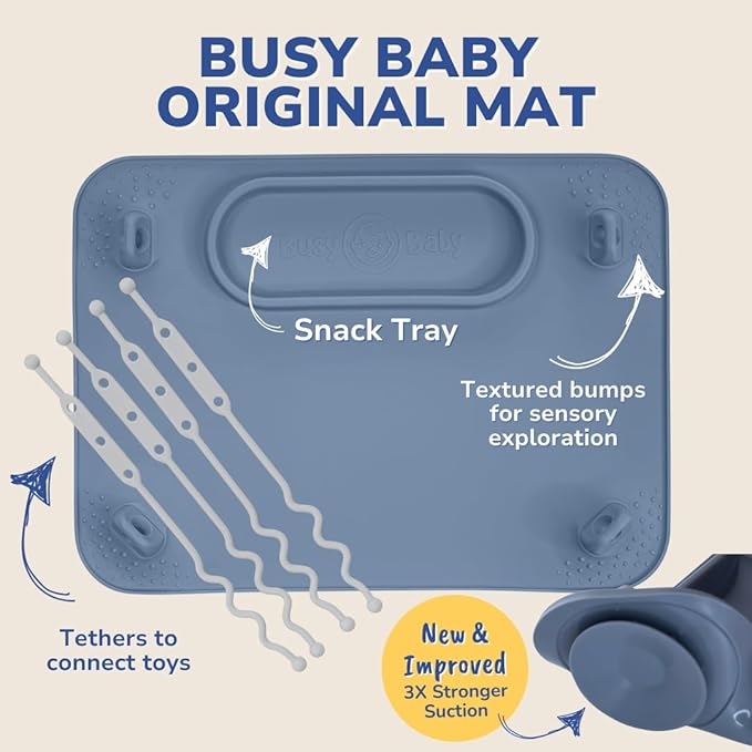 BUSY BABY Silicone Mat Bundle - 1 Original Mat Plus 1 Mini Mat, New Stronger Suction Cups, 6 Straps to Secure Baby Essentials and Keep Off The Floor, Baby Led Weaning, Wet Bag Included (Spearmint)