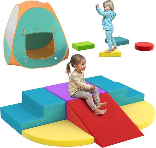 Foam Climbing Blocks with Folding Tent,10 PCS Soft Play Set for Toddlers 1-3, Colourful Toddler Climbing Toys Indoor, Flexible Crawling and Sliding Foam Blocks