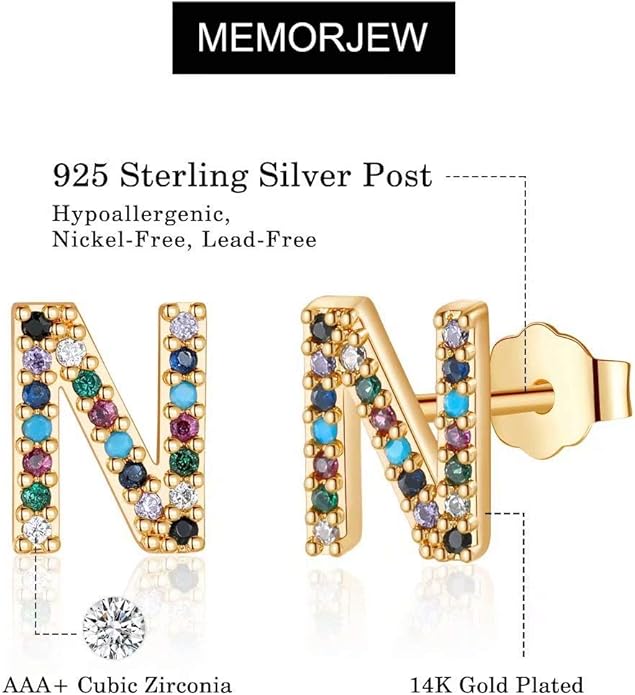 Memorjew Initial Stud Earrings for Women, Hypoallergenic 925 Sterling Silver Post Rainbow Cubic Zirconia Gold Plated 26 Initial Earrings for Women Jewelry Gifts