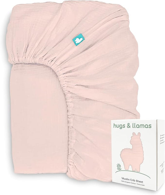 Hugs & Llamas | 100% Organic Cotton Muslin Fitted Crib Sheet - Baby Crib Sheets for Boys & Girls - Neutral (Cotton Candy)