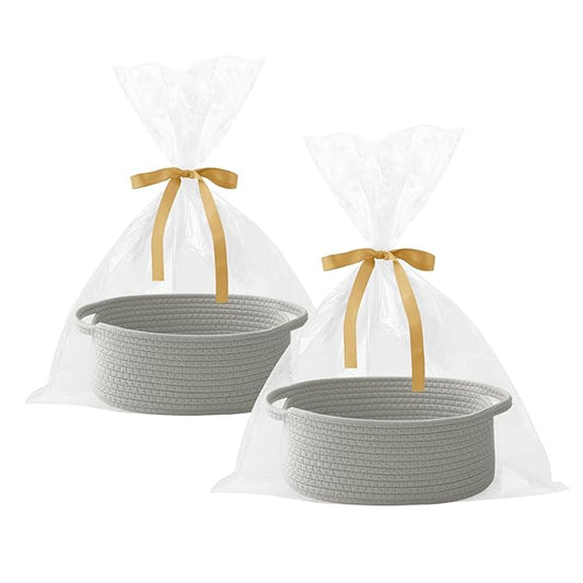 2 Pack Gift Basket with Gift Bag and Ribbons,Small Rope Woven Shelf Storage,Baskets for Gifts Empty,Birthday,Shower,Decorative Organizer Box for Cat Dog Pet with Handles(Grey)