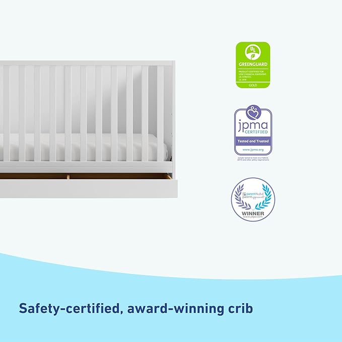 Graco Theo Convertible Crib with Storage Drawer (White) – GREENGUARD Gold Certified with Drawer, Converts to Toddler Bed, Fits Standard Crib Mattress