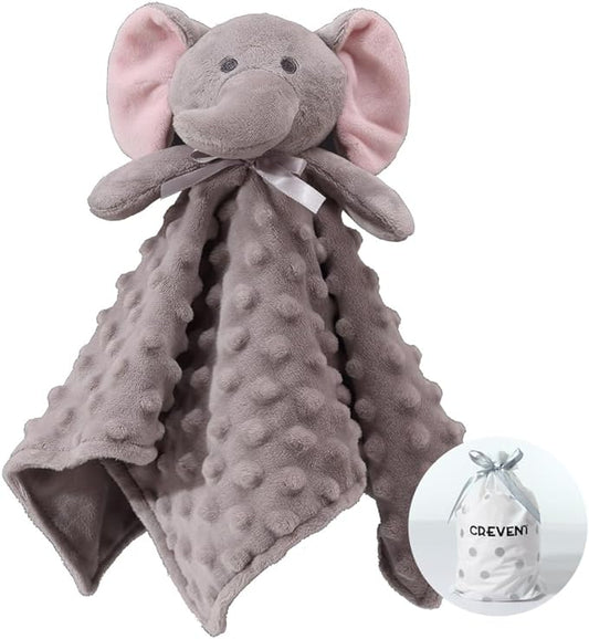 CREVENT Cozy Plush Baby Security Blanket Loveys for Baby Boys and Girls, Minky Dot Front + Sherpa Backing with Animal Face (Grey Elephant)