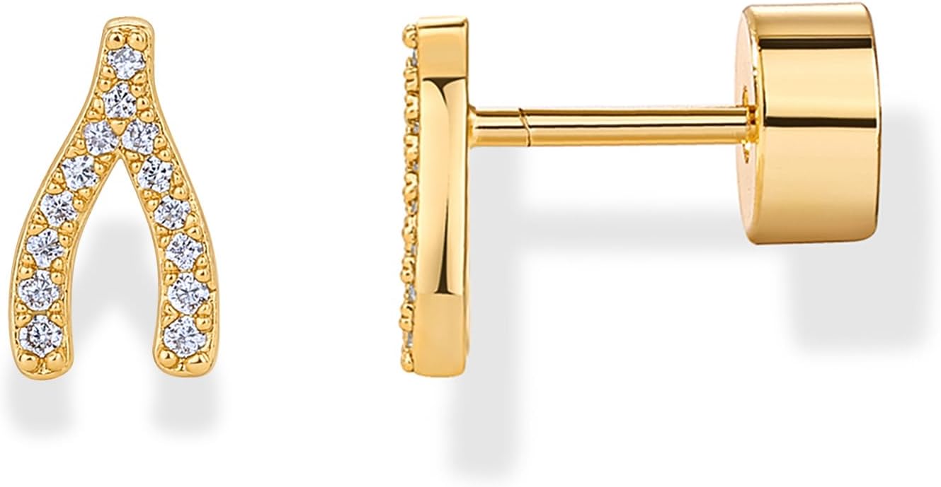 PAVOI 14K Gold Plated Dainty Flat Back Earrings for Women - Hypoallergenic Sterling Silver Posts Helix Cartilage Piercing Jewelry - Emoji Motif Bow Celestial Flatback Gold Stud Earrings Screw Back