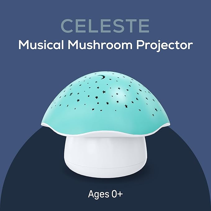Angelcare Celeste Musical Mushroom Night Light Baby Projector - Sleep Soother with Adjustable Volume Lullabies, White Noises, 3 Night Light Colors, and Cry Sensor Detector