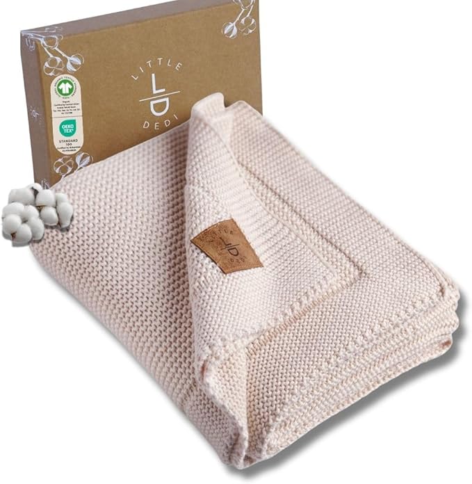 100% Organic Cotton Baby Knitted Blanket with Gift Box - Soft Toddler, Crib, Stroller Blanket - Neutral Swaddle and Receiving Blanket for Newborns, 30"x40", Stone