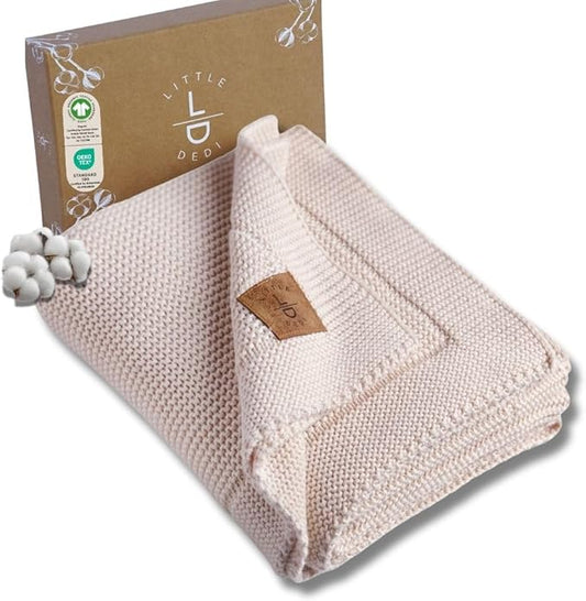 100% Organic Cotton Baby Knitted Blanket with Gift Box - Soft Toddler, Crib, Stroller Blanket - Neutral Swaddle and Receiving Blanket for Newborns, 30"x40", Stone