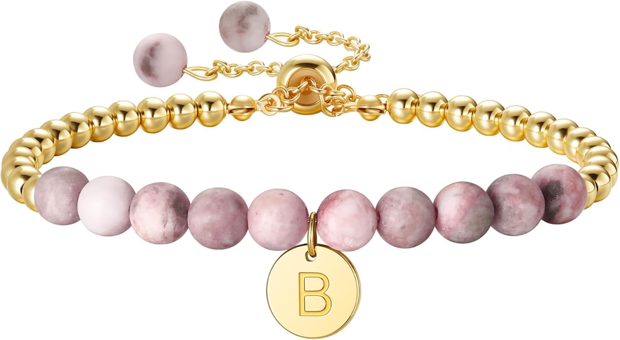 Ritach Initial Bracelets for Girls - Pink Zebra Natural Stone Bracelet Real Gold Plated Beaded Bracelets Adjustable Disc Initial Bracelets for Girls Kids Teen Girl Gifts