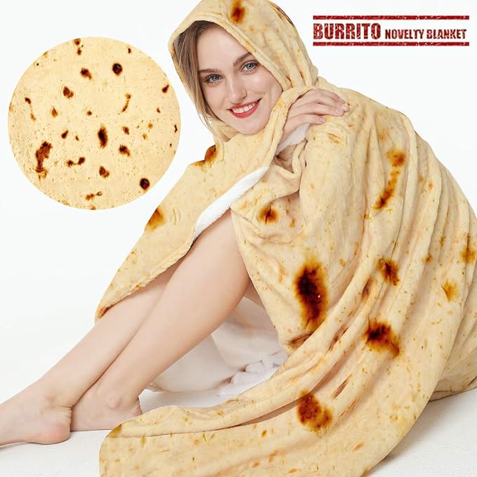 Burrito Tortilla Throw Blanket,2.0 Double Sided Burritos Taco Tortilla Wrap Blankets,Giant Funny Realistic Flannel Food Round Blankets,Funny Gifts for Kids Newborn Toddler Dog Cat Baby Shower 47in
