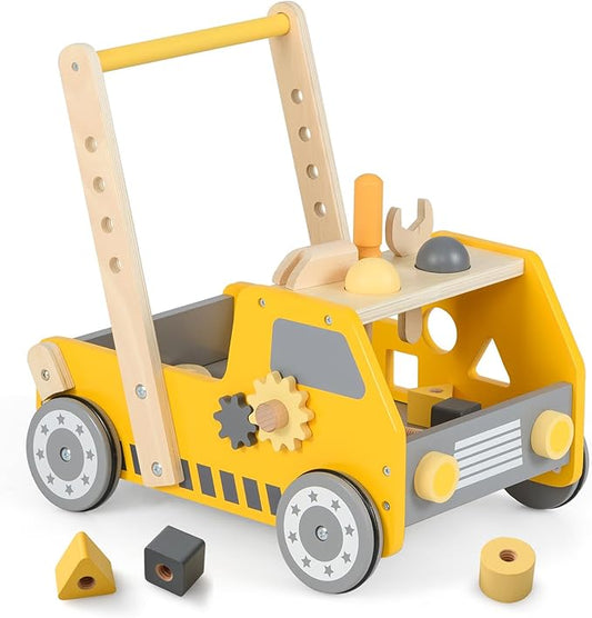 HONEY JOY Baby Push Walker, Adjustable Speed Baby Walker, Wooden Toy Tool Bench & Car Walker w/Shape Sorter, Develop Motor Skills & Creativity, Push Toys for Babies Learning to Walk, Gift, Yellow
