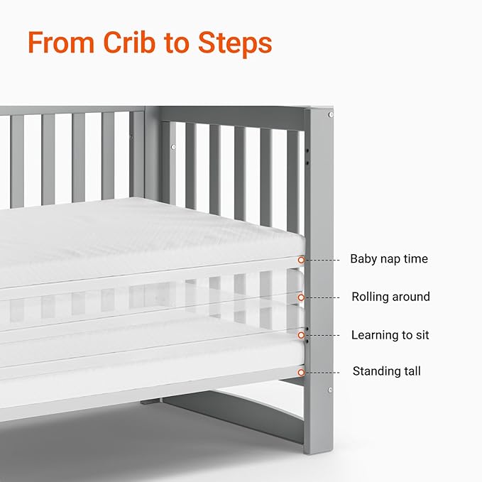 EvoNest Baby Crib, 6 in 1 Convertible Mini Crib with Wheels, 100% New Zealand Wood Growing Bed, 4 Adjustable Mattress Height，Grey