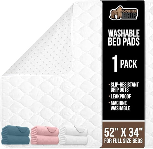 GORILLA GRIP Washable Underpads, Waterproof Reusable Heavy Absorbency Incontinence Bed Pads, Leak Proof Toddler Mattress Pad, 52x34 Slip Resistant Protector for Bedwetting, Adults and Kids, White